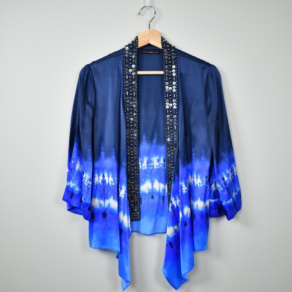 Blue Tie Dye Beaded Silk Kimono Cardigan - Picture 2 of 8